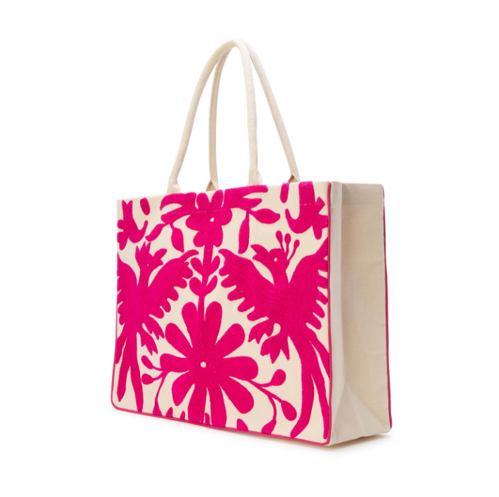 Flora and Fauna Embroidered Tote Bag Pink