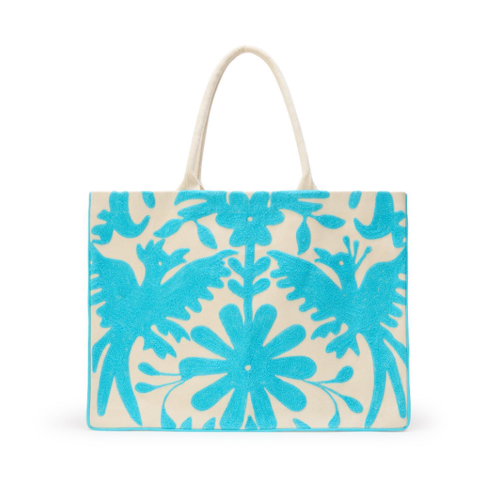 Flora and Fauna Embroidered Tote Bag Blue