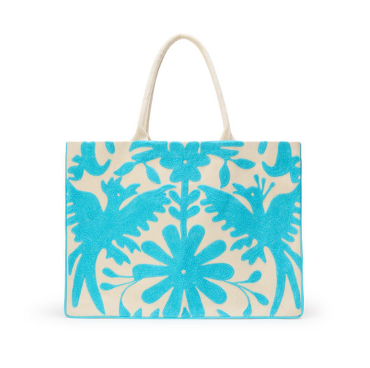 Flora and Fauna Embroidered Tote Bag Blue