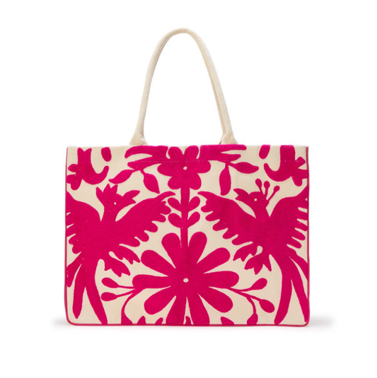 Flora and Fauna Embroidered Tote Bag Pink